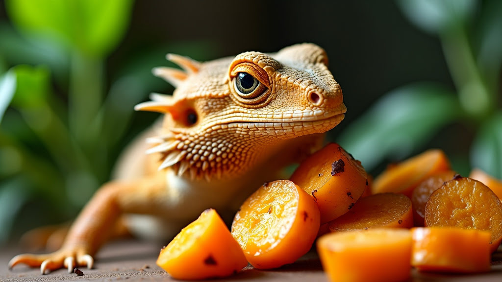 A close-up of a bearded dragon with orange and brown scales, resting its head on a pile of sliced yams. The lizard's eye is prominently visible, and its spiky details stand out against a blurred green leafy background.