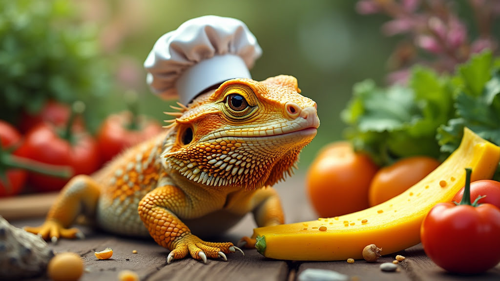 A bearded dragon lizard wears a small chef's hat and is surrounded by a colorful assortment of vegetables including tomatoes, bell peppers, and a sliced yellow squash, creating a humorous scene as if the lizard is a chef preparing a meal.