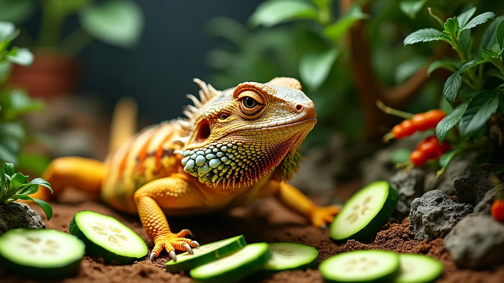 A colorful bearded dragon lizard crawls on a dirt ground surrounded by sliced zucchini, green plants, and small rocky formations. The lizard has a vibrant orange and yellow body with a textured, spiky beard and an alert expression.