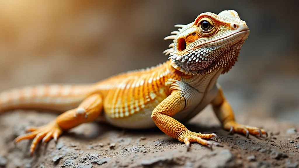 A close-up of a bearded dragon lizard perched on a rock. The lizard's body is adorned with vibrant orange and yellow scales, detailed textures are visible along its skin, and it has a spiked beard and alert eyes, illuminated by soft, natural light.