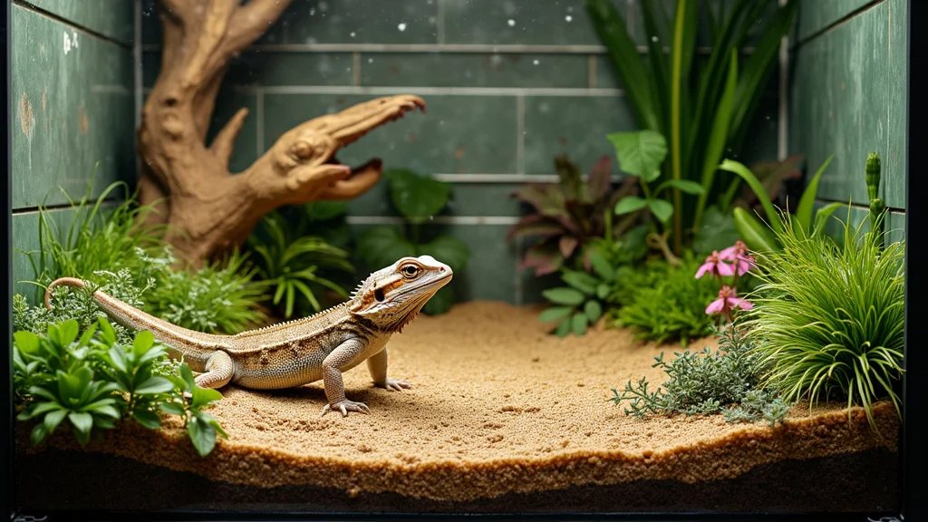 A bearded dragon sits in a terrarium with a sandy floor, surrounded by various green plants and flowers. A decorative piece of driftwood is positioned in the background, and the terrarium walls are covered with green tiles. The scene is well-lit and vibrant.