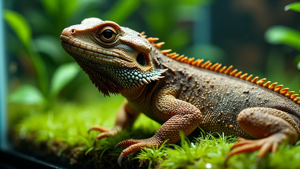 A close-up of a bearded dragon lizard in a terrarium, standing on fresh green moss. The lizard has vibrant orange spikes along its back and detailed scales, under a bright natural light with blurred green foliage in the background.