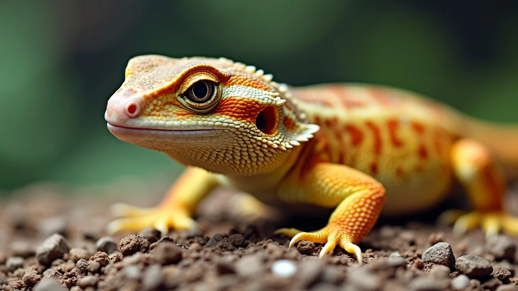 A close-up of a leopard gecko with vibrant yellow and orange scales and distinct dark spots. The gecko is positioned on a bed of small rocks, with a softly blurred green background. Its large, expressive eye is prominently featured.