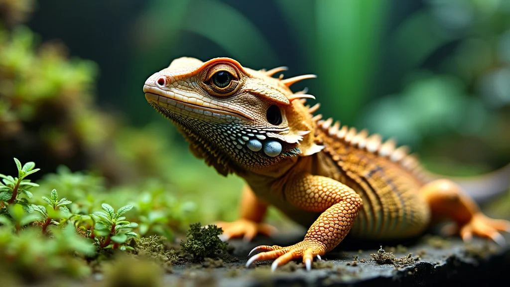 A close-up of a vibrant, orange-beige lizard with sharp, spiky scales along its back and head. The lizard is perched on a rock amidst green foliage, and its alert eyes and detailed textures are highlighted. The background is softly blurred.