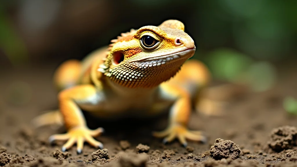 Close-up of a colorful lizard with detailed scales, blending shades of yellow, orange, and brown, crawling on a dirt surface. The background is blurred, highlighting the lizard's intricate texture and alert posture.