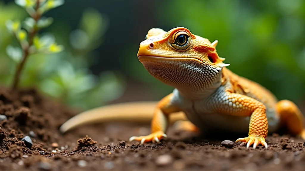 A vibrant orange and yellow lizard with detailed scales stands alert on dark brown soil, surrounded by blurred greenery in the background. Its eyes are wide open, and it appears to be observing its surroundings intently.