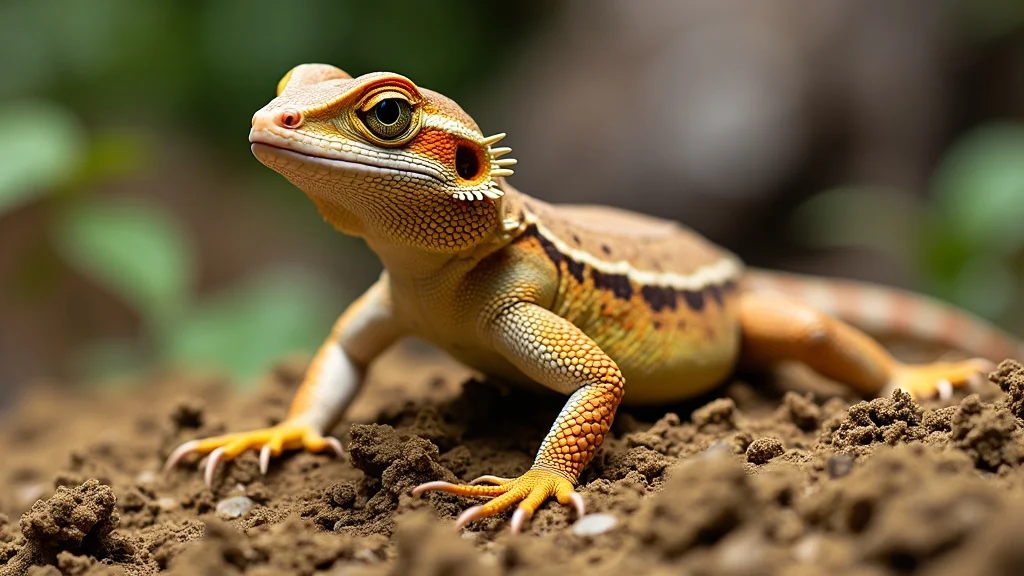 A close-up of a lizard with a vibrant, colorful body featuring shades of orange, yellow, and brown. The lizard is perched on a mound of soil, with a blurred natural background of green foliage. Its alert eyes and intricate patterns are clearly visible.