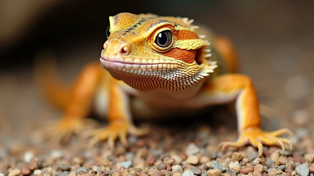 Close-up of a small, vividly colored lizard with bright orange and yellow patterns. The lizard is standing on a bed of small pebbles, its large, curious eyes focused forward. The background is blurred, emphasizing the lizard's details.