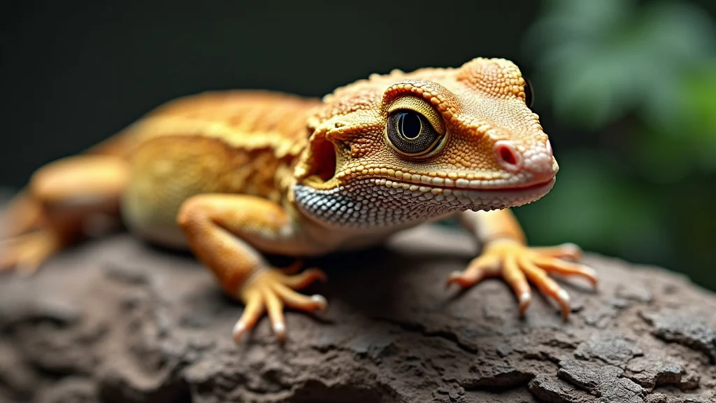 A close-up photograph of a vibrant orange gecko with detailed scales and large, expressive eyes perched on a textured rock. The background is blurred with hints of green foliage.