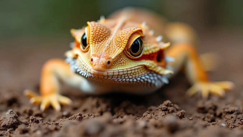 A detailed close-up of a vibrant orange and yellow lizard with pronounced scales and large, expressive eyes. The lizard is on a brown earthy surface, and the background is softly blurred, highlighting the intricate texture and pattern of its skin.