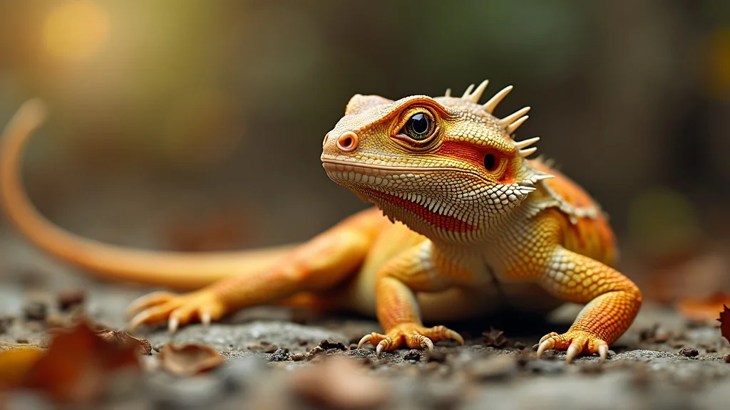 A close-up of an orange and yellow bearded dragon with spiky scales on its head, basking on a rocky surface. The background is blurred with a warm, sunlit glow, creating a serene and natural atmosphere.