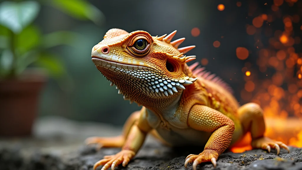 A vibrant orange bearded dragon with spiky scales and a textured body sits on a rock. Its head is turned slightly, with bokeh of glowing orange lights in the blurred background. A green plant is partially visible in the foreground.