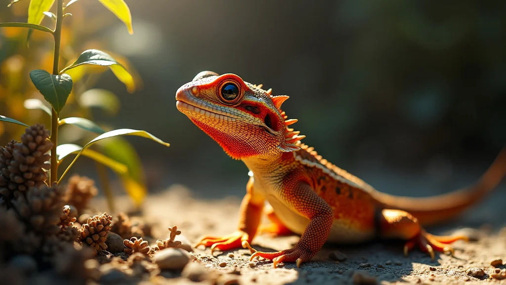 A vibrant, orange and red gecko is basking in the sunlight on a rocky terrain. Its textured skin glistens, and it is surrounded by small plants and budding flowers. The background is softly blurred, highlighting the gecko's detailed features.