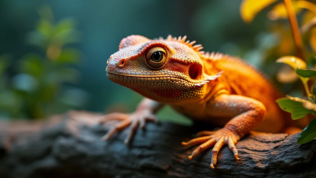 A close-up image of a vibrant orange lizard with textured skin and sharp claws, resting on a tree branch. The background is blurred with green foliage, emphasizing the lizard's alert expression and intricate details.