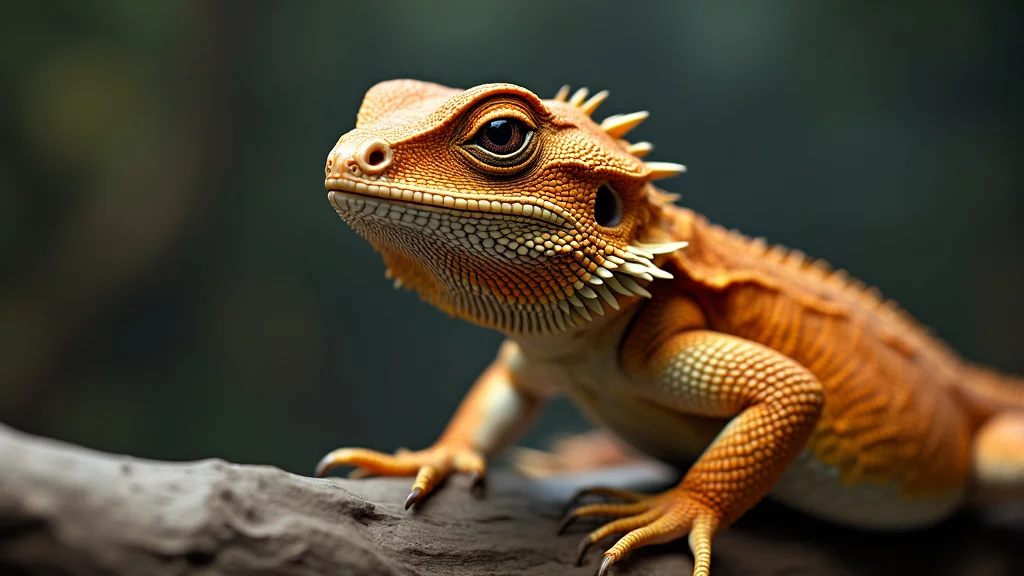 A close-up of an orange bearded dragon lizard perched on a branch. The reptile's textured skin and sharp spikes around its head and body are prominently displayed, with a soft, blurred background of greenery.