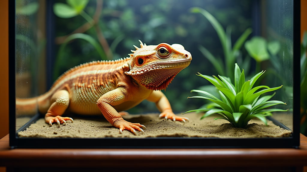 A bearded dragon lizard with vibrant orange and yellow scales sits on sandy substrate inside a glass terrarium. Green plants adorn the enclosure, creating a naturalistic habitat. The lizard gazes forward, showcasing its textured skin and alert demeanor.