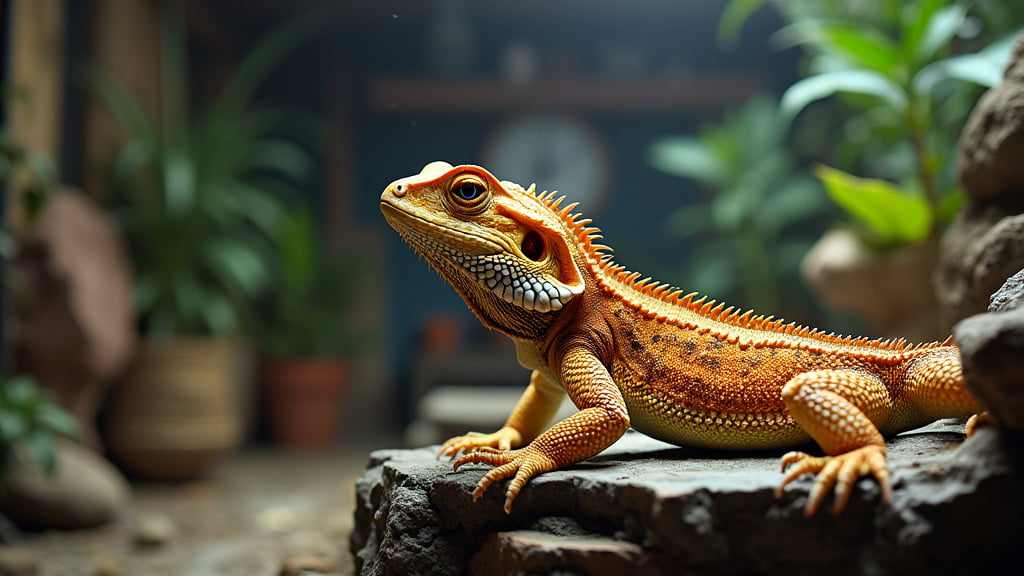 A bearded dragon with vibrant orange and yellow scales sits on a rock in a well-lit terrarium. The background features green plants, giving a naturalistic setting. The bearded dragon gazes forward with a calm expression.