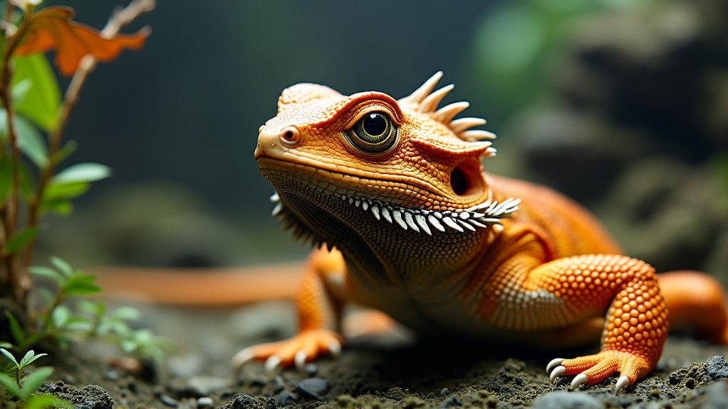 A close-up of an orange and white bearded dragon with spiky scales and a curious expression. The reptile is surrounded by green plants and rocks, with a blurred background giving a natural, vibrant habitat feel.