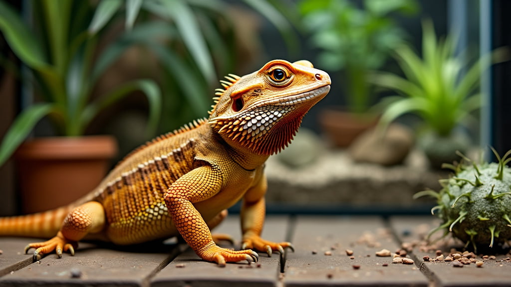 Bearded dragon lizard with vibrant orange coloring stands on a wooden surface. The background features green plants in pots, a small rock, and scattered pebbles, creating a natural-looking habitat.