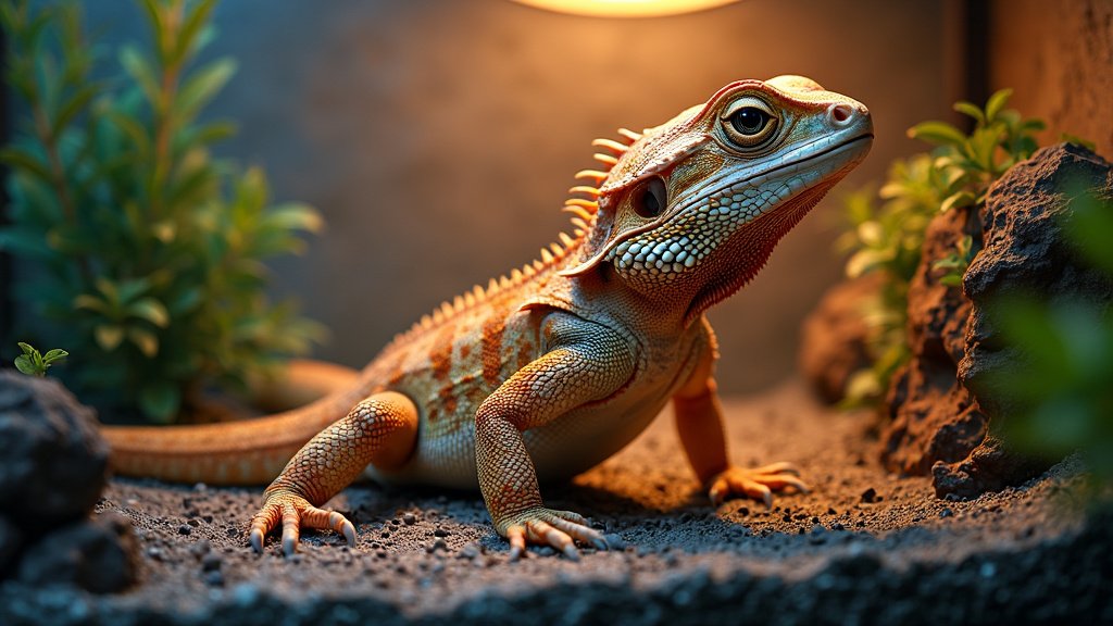 A bearded dragon, showcasing vibrant orange, yellow, and brown hues, is seen in its terrarium. The enclosure features green foliage and rocky terrain, illuminated by warm, ambient lighting creating a naturalistic environment.