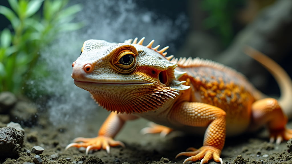 A close-up of a bearded dragon lizard standing on a dirt surface, surrounded by greenery. The lizard's scales are detailed in shades of orange and white, with spiky ridges along its head and back. Its large, alert eyes give it a curious expression.