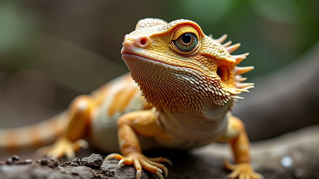 Close-up of a bearded dragon lizard perched on a branch. The lizard has a vibrant orange and yellow coloration with distinct patterns and textures on its skin. Its curious eyes and small spikes along its head add to its detailed and expressive appearance.