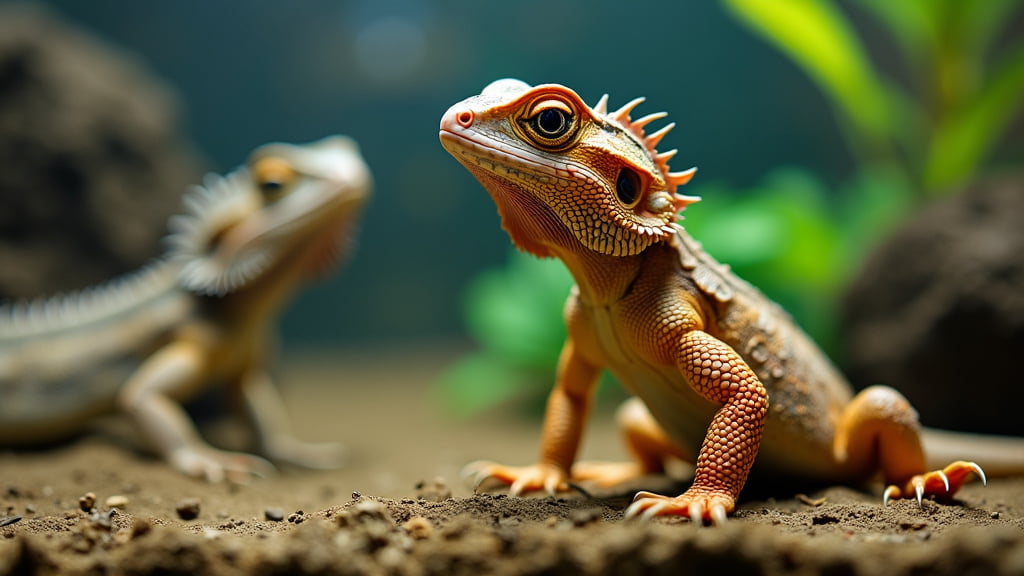 Two bearded dragons are in focus, with the foreground dragon showcasing vibrant orange and brown scales and distinctive spikes along its head and back. The background dragon is slightly blurred. They are positioned on a sandy terrain, with green plants visible.