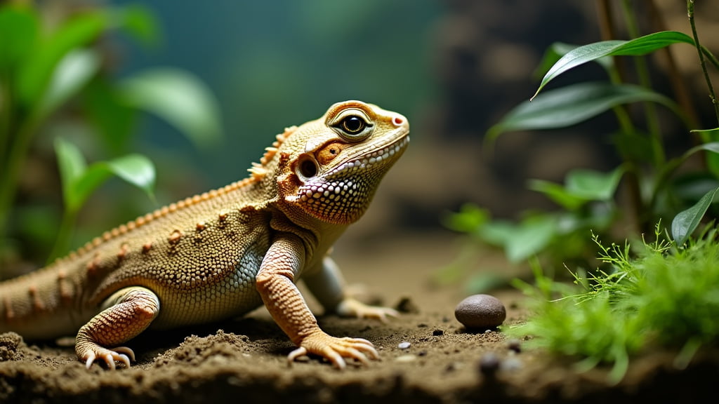 A brown and orange bearded dragon sits on sandy soil surrounded by green plants. The reptile has textured skin, prominent spikes along its back, and alert eyes, giving it a curious expression within its naturalistic setup.