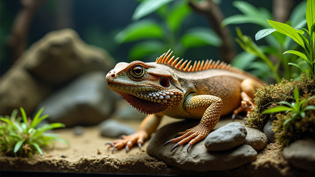 A close-up image of a lizard with vibrant orange and green hues in a terrarium. The lizard is perched on a rock, surrounded by lush green plants and moss, with a blurred background of more rocks and foliage.