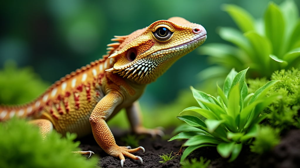 A vibrant orange and yellow lizard with intricate patterns on its scales perches on lush green foliage. The lizard has prominent eyes and a spiky crest along its back. The background is a blur of additional greenery.