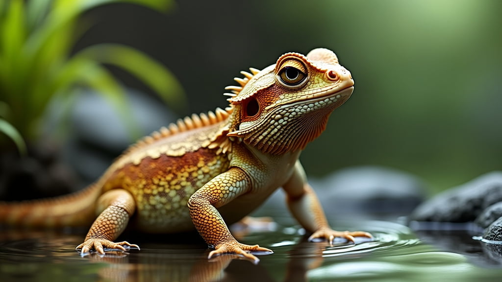 Close-up of a bearded dragon lizard standing on a wet surface, with a blurred green background. The lizard has a textured, scaly skin with shades of orange, yellow, and brown. Small plants and rocks are visible beside it, highlighting its natural habitat.