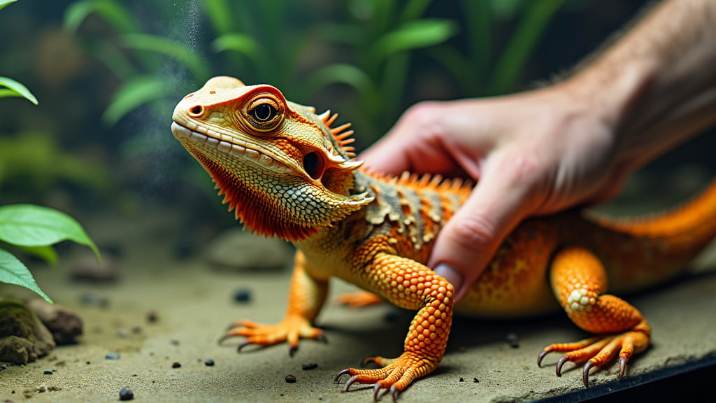 A close-up of a bright orange bearded dragon being gently held by a person's hand inside a terrarium. The bearded dragon's textured scales, spiky beard, and vivid colors are clearly visible. Green plants are in the background.