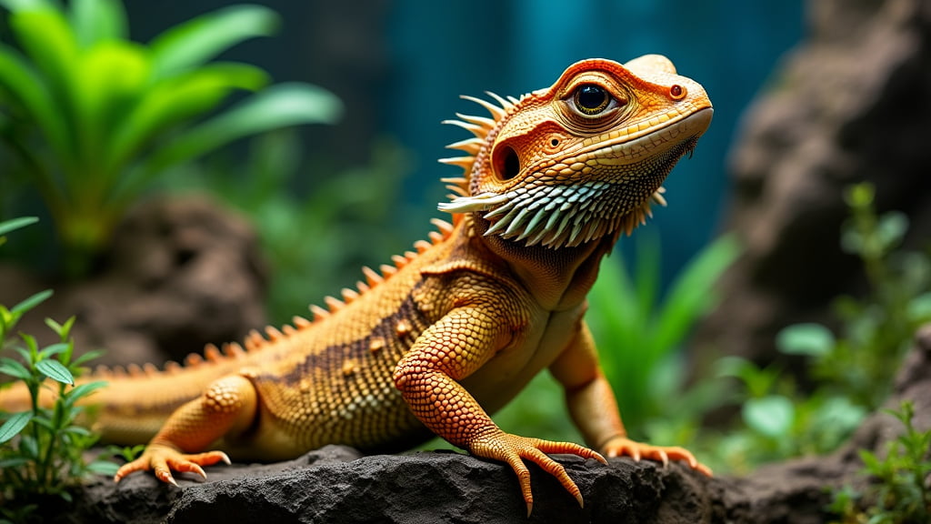 Close-up of a bearded dragon lizard perched on a rock. The lizard has vibrant orange and brown scales, spiky frills around its head, and a textured, scaly body. The background features green foliage and a blurred, natural environment.