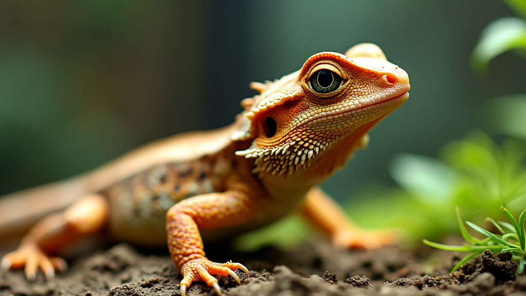 A close-up image of a bearded dragon lizard on brown soil. The reptile has a textured, orange and tan body with dark, intricate patterns and spiny scales around its neck. Bright and clear-eyed, it appears to be gazing ahead against a blurred, greenish background.