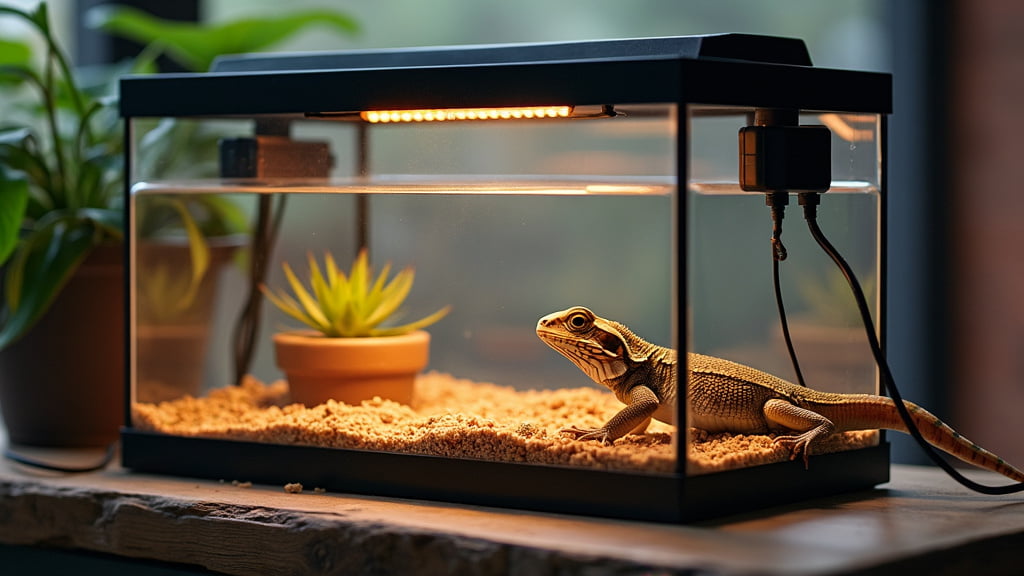 A small lizard sits under a heat lamp inside a glass terrarium. The terrarium has sandy substrate, a small potted plant, and a bright green leafy plant next to it. The background is softly lit by natural light coming through a window.