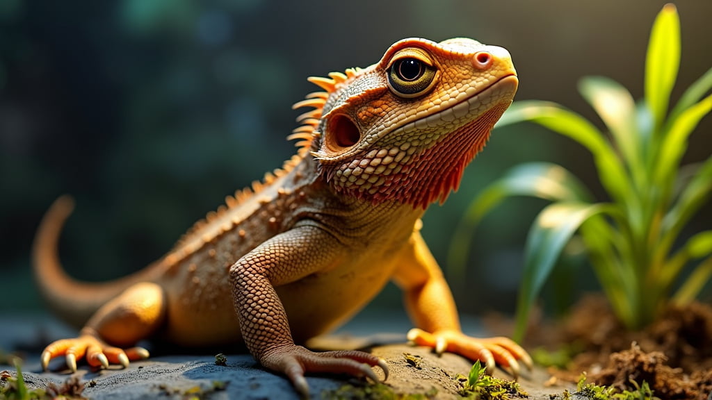 A colorful bearded dragon with a spiky, textured body rests on a rock near some green plants. The background is softly blurred, highlighting the reptile's vibrant scales and alert expression.