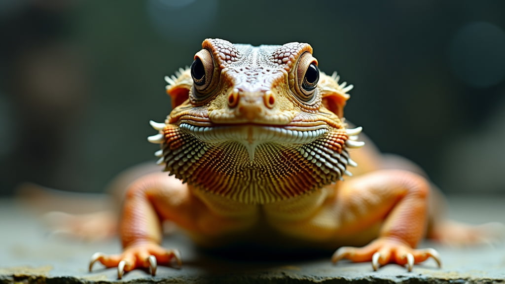 Close-up image of a bearded dragon, showcasing its intricate scales and textured skin. The lizard's bright eyes and alert posture give it a curious and attentive expression. The background is out of focus, highlighting the bearded dragon as the main subject.