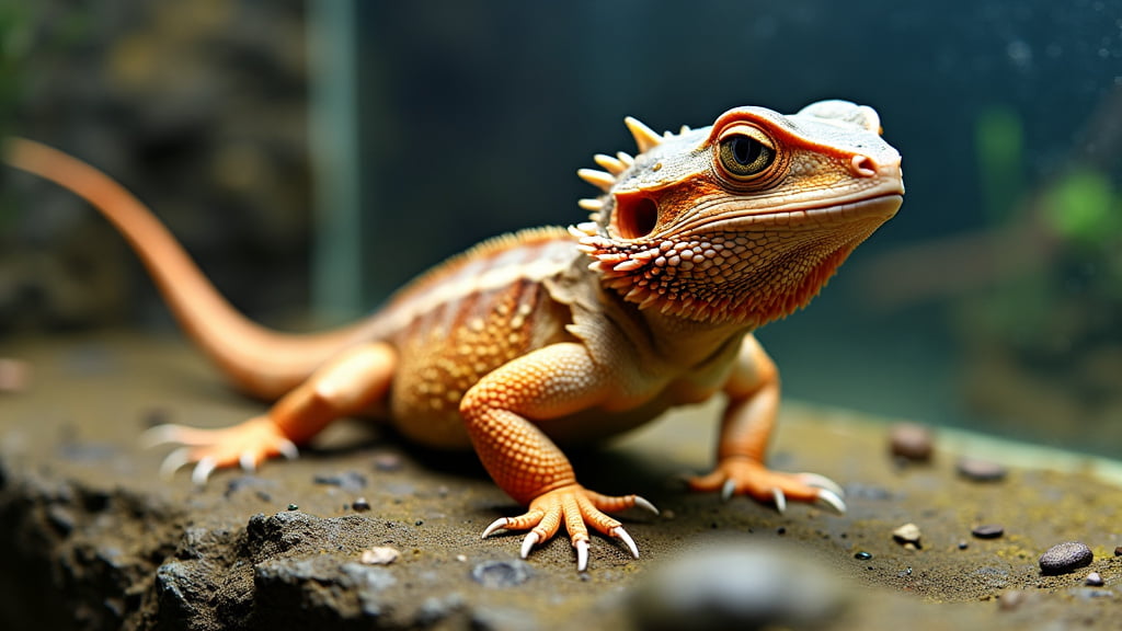 A close-up of a bearded dragon lizard standing on a rocky surface. The lizard has a distinct orange, yellow, and brown pattern and appears to be looking into the distance. The background is slightly blurred, highlighting the detailed texture of the lizard's skin.