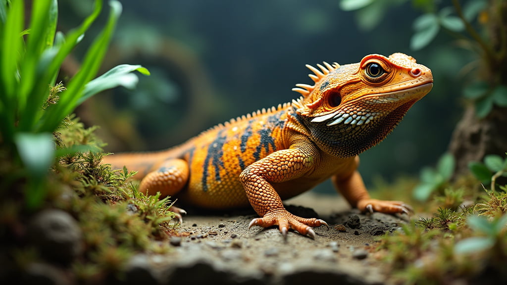 A vibrant, orange-bearded dragon with black markings stands alert on a rocky terrain amidst lush greenery. The detailed scales and textures of the reptile are highly visible, and its surroundings feature a mix of plants and moss-covered rocks.