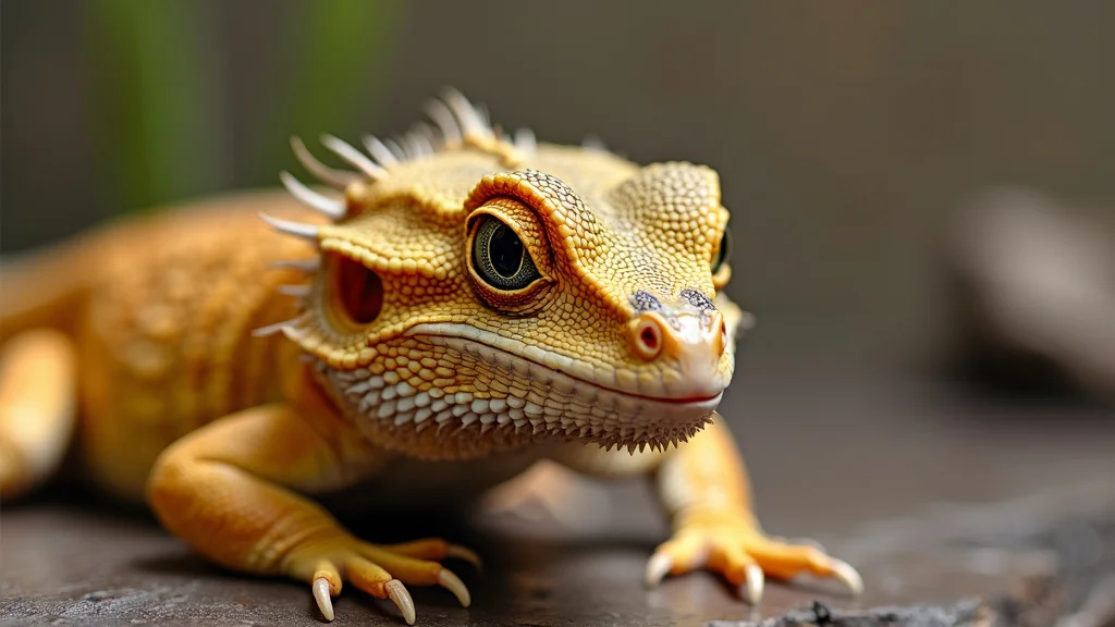 Close-up of an orange bearded dragon with textured skin, distinct scales, and small spiky protrusions on its back. The lizard is gazing forward with alert, rounded eyes, and has a neutral expression. The background is blurred, emphasizing the bearded dragon.