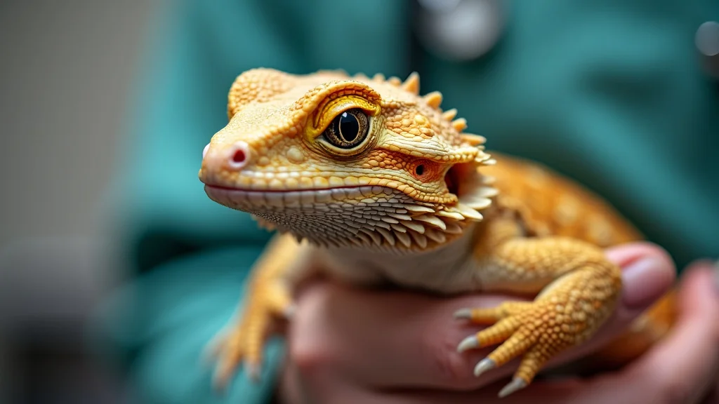 Close-up of a bearded dragon lizard with a golden-yellow hue, perched gently in a person's hands. The background is blurred, highlighting the lizard's detailed scales and expressive eyes.