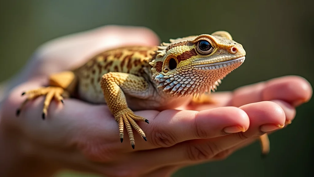 A close-up of a bearded dragon lizard being held gently in a pair of hands. The lizard has rough, textured skin with a mix of orange and brown hues and a distinctive spiked beard. The background is blurred and green, emphasizing the lizard.