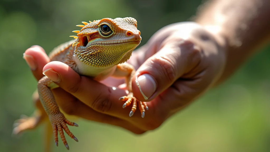 A close-up of a person's hands gently holding a small, orange and white lizard. The lizard has textured skin, a spiky crest on its head, and wide, expressive eyes. The background is blurred greenery, suggesting an outdoor setting.