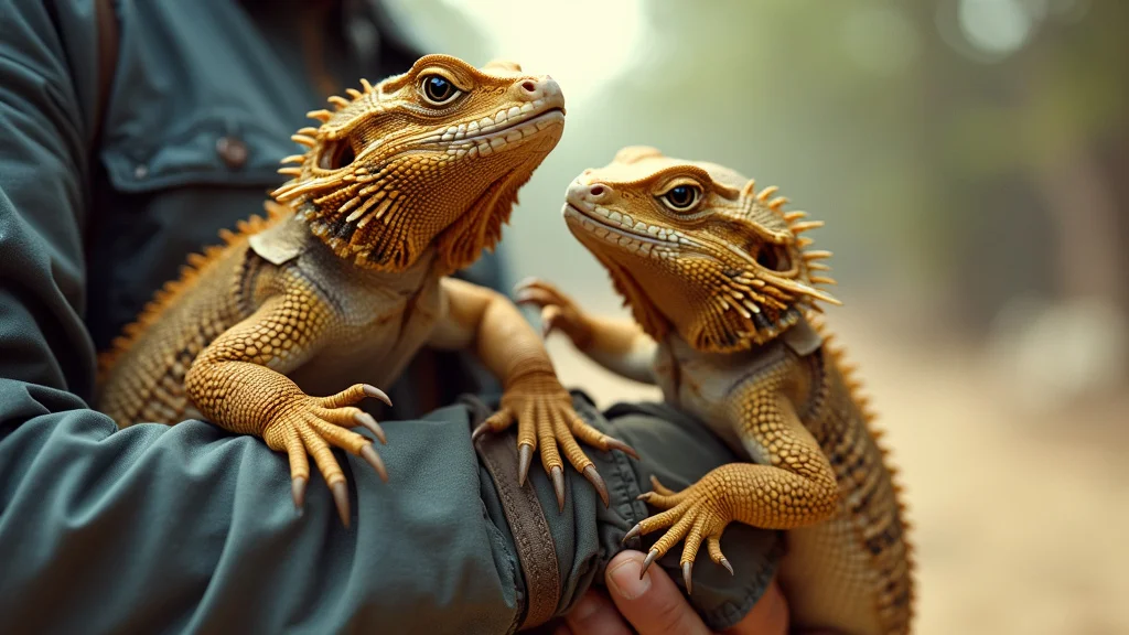 A person wearing a green jacket holds two bearded dragons facing each other. The bearded dragons, with spiky scales and distinctive patterns, rest calmly on the person's arms amidst a blurred natural background.