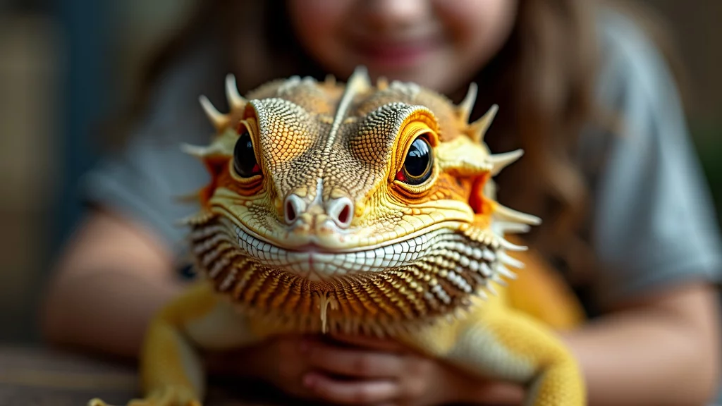 A bearded dragon with bright orange and yellow scales is being held gently by a smiling person in the background. The lizard's detailed, textured skin and alert eyes are in sharp focus, while the person in the background is slightly out of focus.