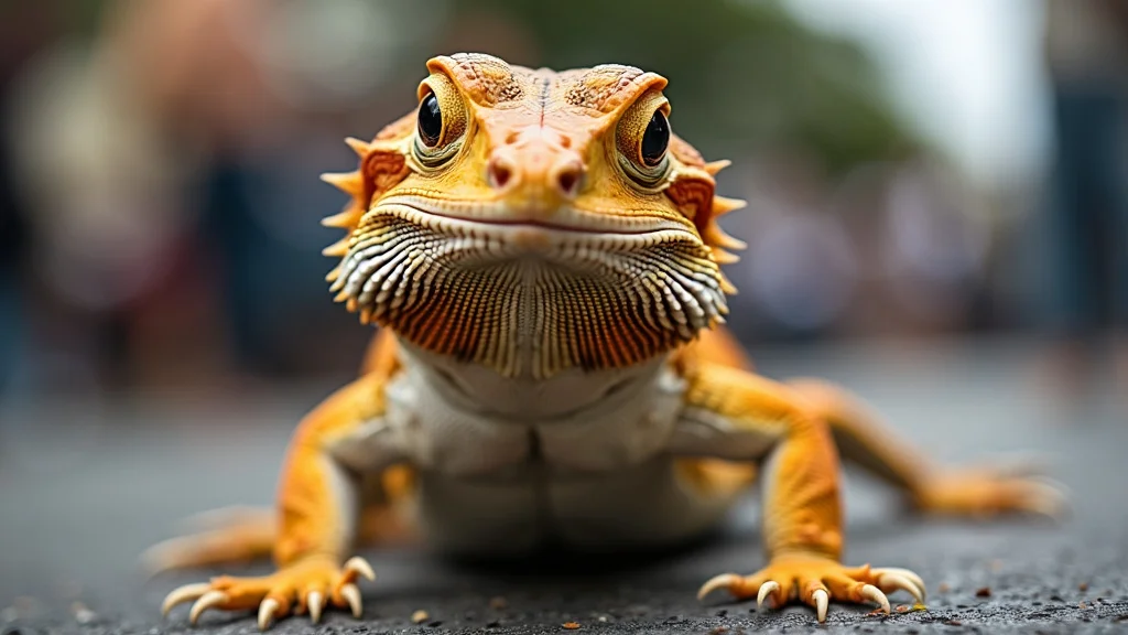 A close-up of an orange and yellow bearded dragon with a spiky beard, standing on a paved surface. The background is blurred, highlighting the focus on the lizard's detailed texture and intricate color patterns.