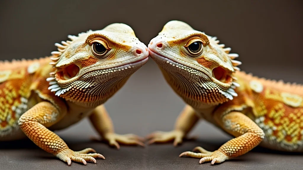 Two bearded dragons face each other closely, their snouts nearly touching. They have striking orange and brown scales with detailed patterns. The background is a plain, neutral color, highlighting the intricate textures and colors of the lizards.