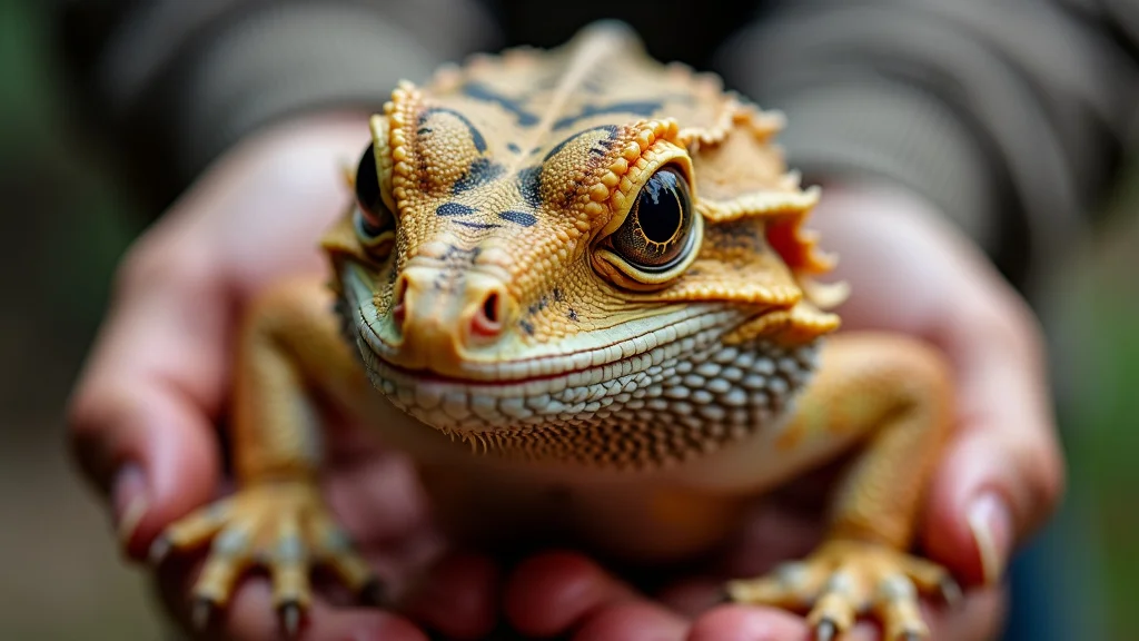 A close-up of a bearded dragon lizard being gently held in two hands. The lizard has intricate patterns and textures on its skin, and its eyes are alert and focused. The background is blurred, making the bearded dragon the focal point of the image.