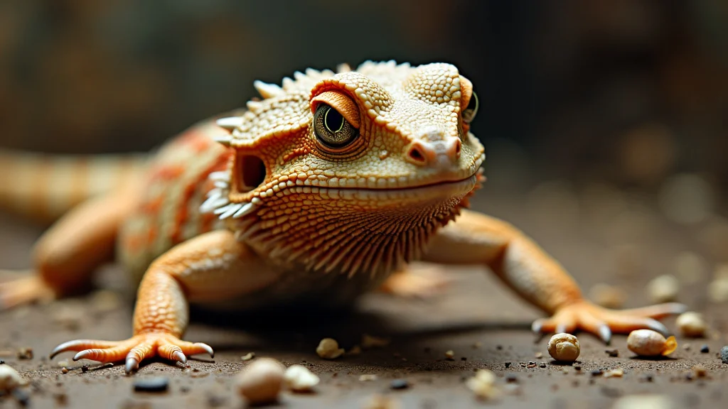 Close-up of a bearded dragon lizard on a textured surface with small pebbles scattered around. The lizard has a rough, spiky skin texture with orange and brown tones. Its keen eyes are oriented forward, giving an alert expression. The background is blurred.