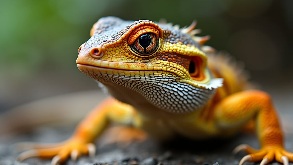 Close-up of an orange and yellow lizard with detailed, textured scales and a focused expression. The lizard's large, prominent eyes and distinctive head shape are in sharp focus, while the background is blurred.